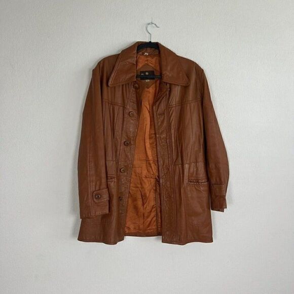 Vintage 70s Pampas Orange/Brown Leather Jacket Size 40 Button Up Mens Duster - Picture 8 of 12